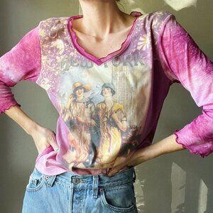 Y2K Pink Mesh Printed Rhinestone Three-Quarter Sleeve Top